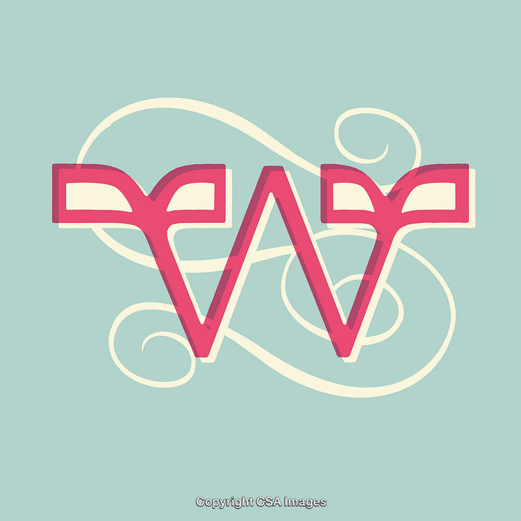 Elegant Pink Letter W Design with Decorative Flourishes on Blue Background