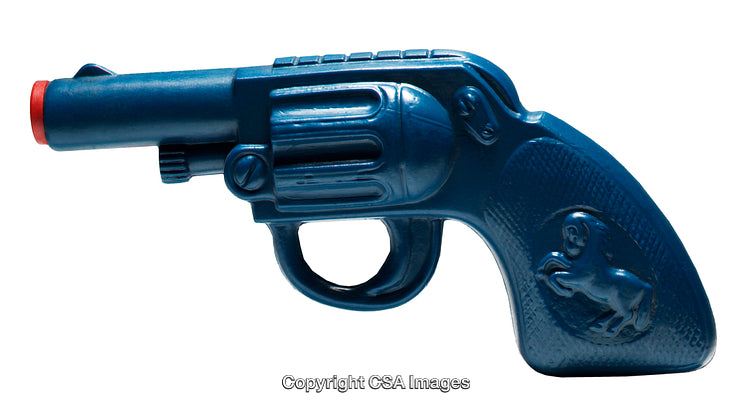 Blue Plastic Toy Revolver with Embossed Horse Design on Handle