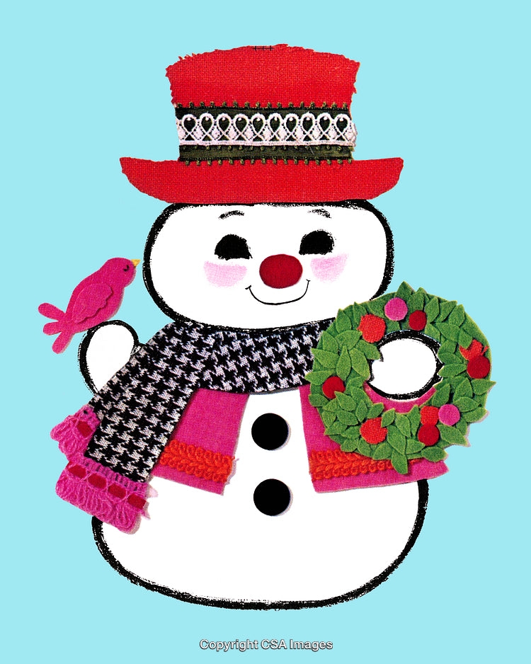 Snowman with Red Hat Holding a Wreath and Accompanied by a Bird