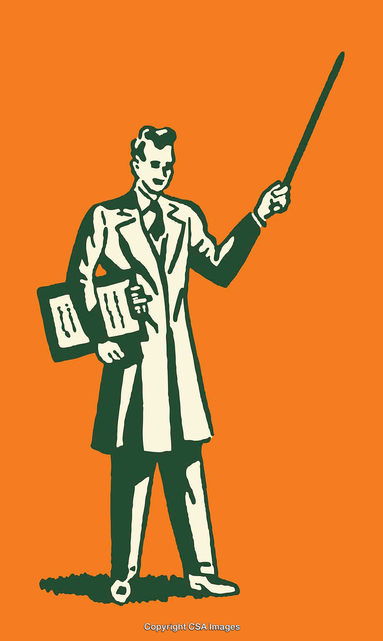 Retro Inspired Illustration of a Professional With a Pointer and Documents