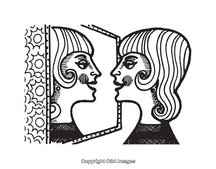 Black and White Illustration of Woman Looking at Her Reflection in Mirror