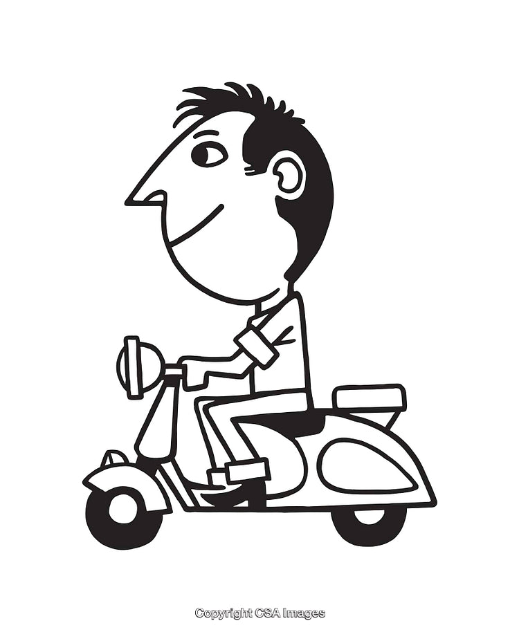 Black and White Illustration of a Man Riding a Retro Scooter