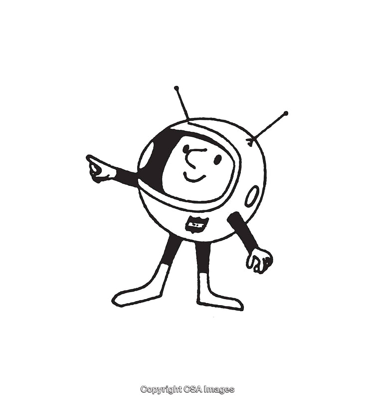 Cheerful Cartoon Astronaut Pointing in Black and White Line Art Drawing