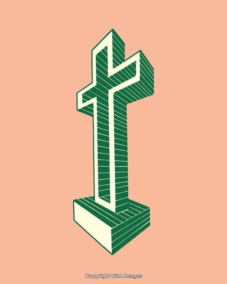 Geometric Line Art Render of a Green Cross on Peach Background
