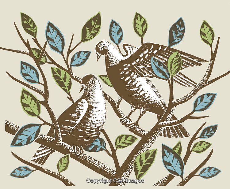 Illustration of Two Doves Perched Among Vibrant Branches with Colorful Leaves
