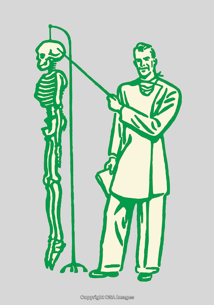 Line Art Illustration of Doctor with Skeleton Demonstration in Green Hue