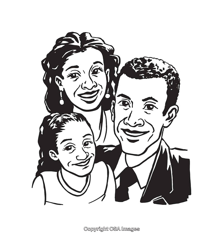 Black and White Line Art of a Smiling Family Portrait Illustration