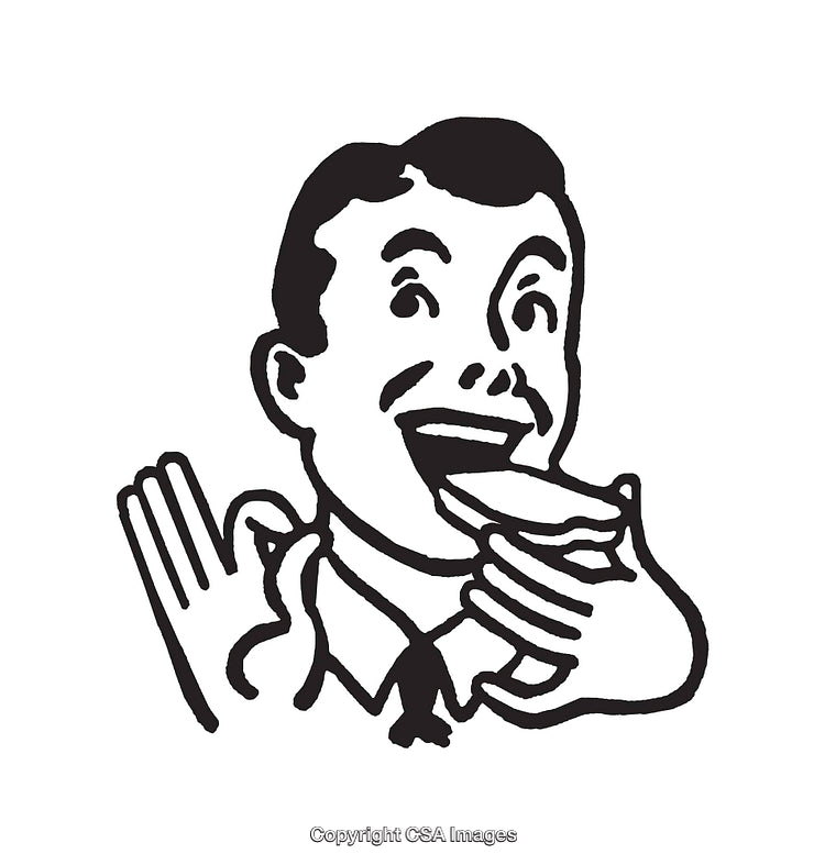 Retro Black And White Illustration of a Character Enjoying a Sandwich