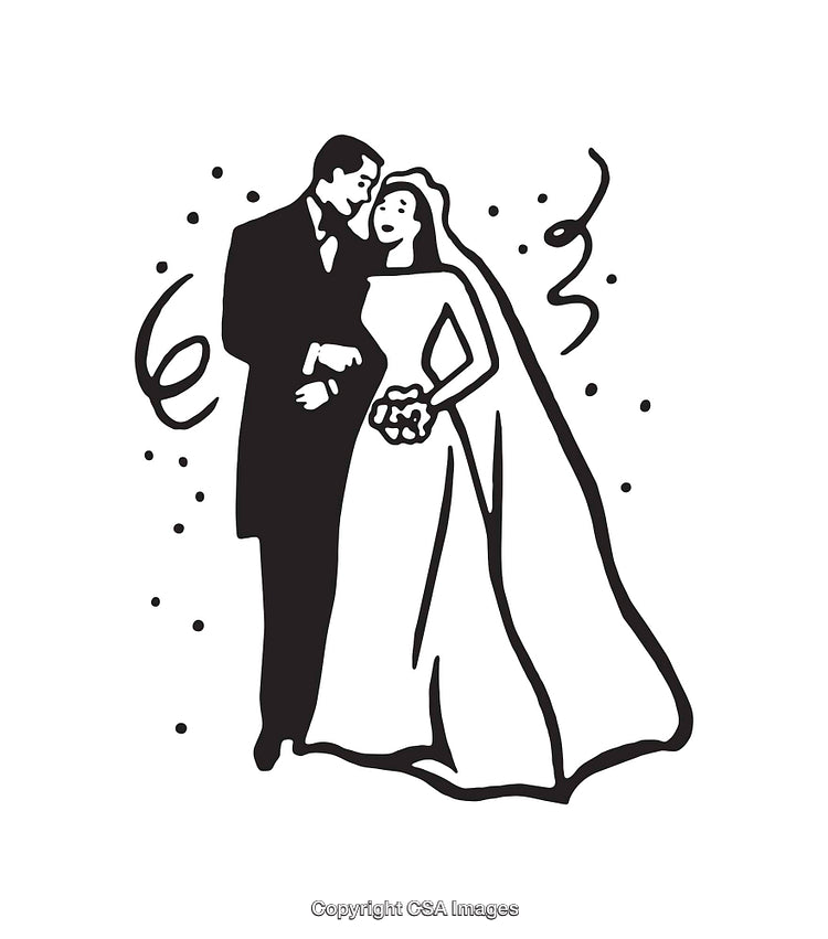 Black and White Illustration of Wedding Couple in Romantic Setting