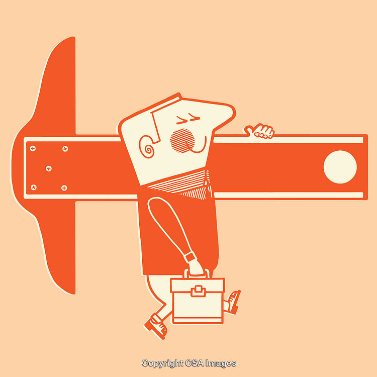 Cartoon Businessman Carrying Oversized Tool in Minimalist Line Art
