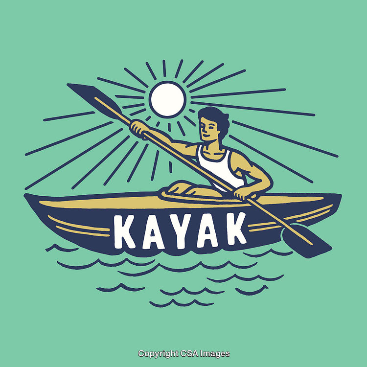Man Kayaking Under The Sun in Minimal Line Art Style Illustration