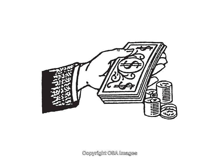 Hand Holding Money and Coins in Black and White Line Art