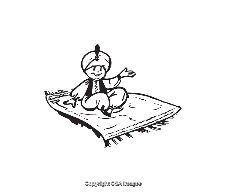 Child Riding a Flying Magic Carpet Line Art Illustration