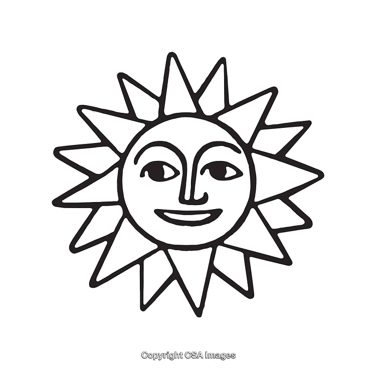 Smiling Sun Line Art Illustration with Geometric Rays