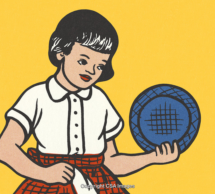 Retro Illustration of Girl Inspecting Blue Plate on Yellow Background