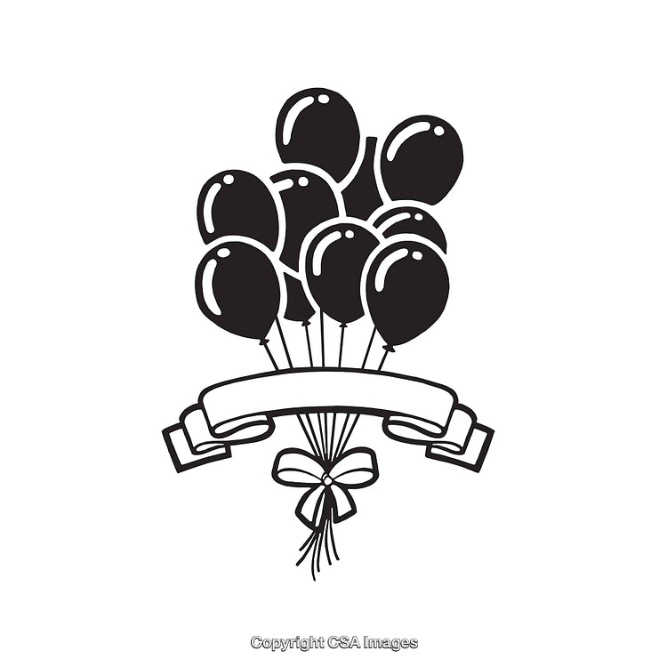 Black and White Line Art Balloon Illustration With Ribbon Banner