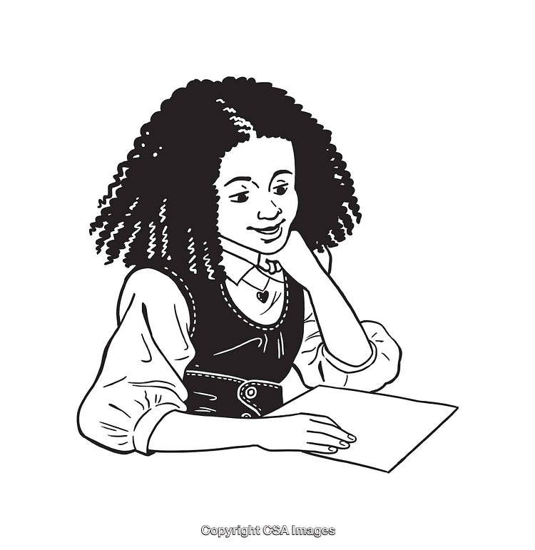 Black and White Illustration of a Thoughtful Girl with Curly Hair
