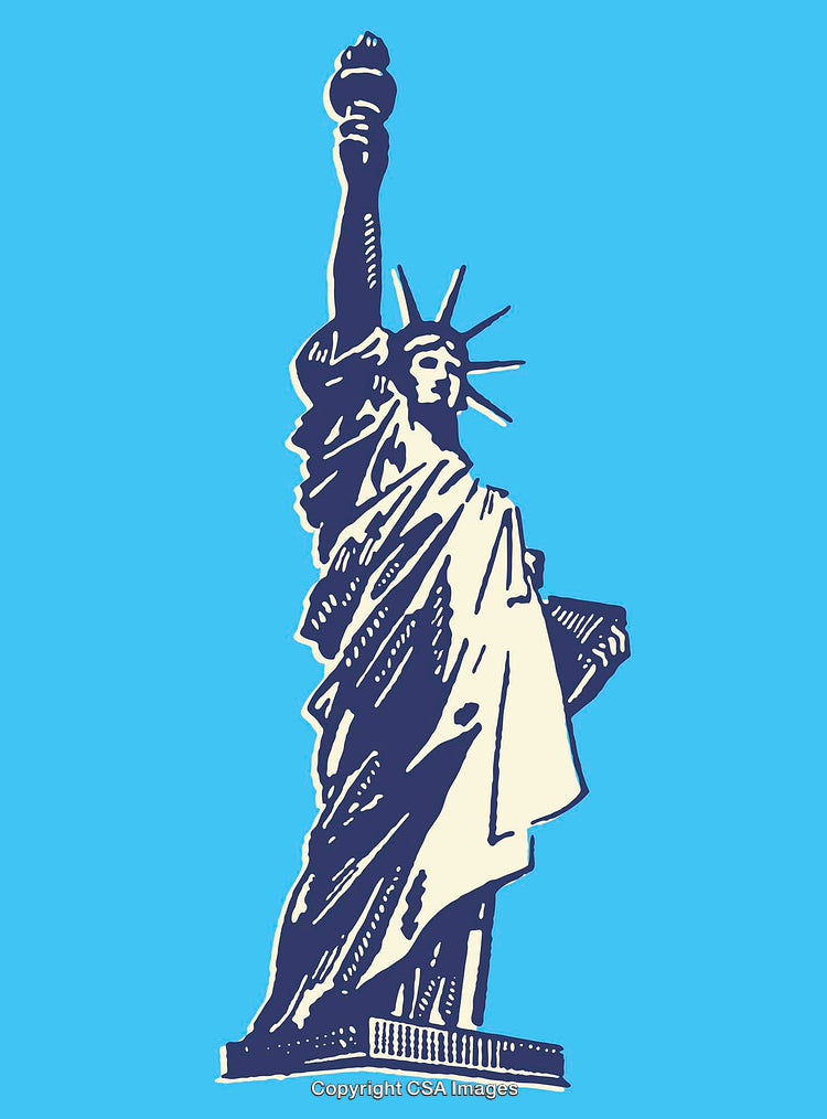 Colorful Line Art of the Statue of Liberty on Blue Background