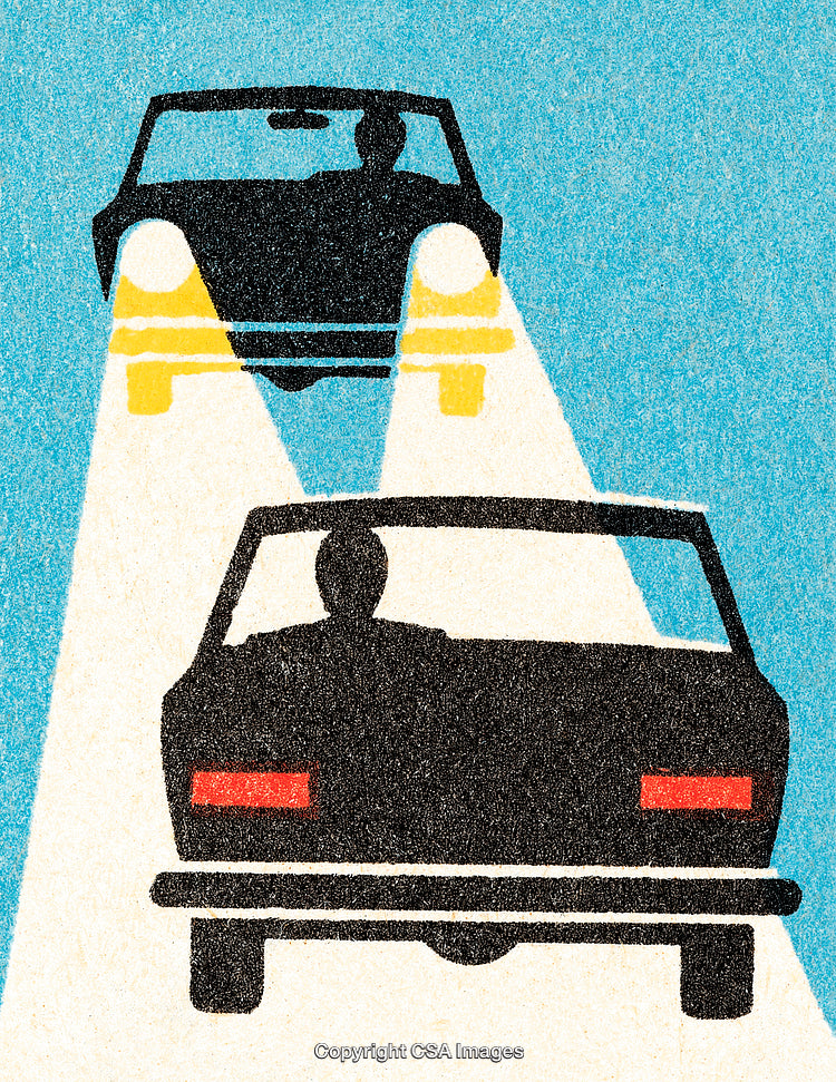 Illustration of Two Cars With Headlights on a Blue Background