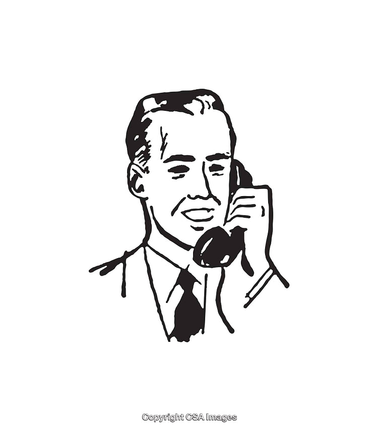 Vintage Line Art Illustration of a Man on a Corded Telephone