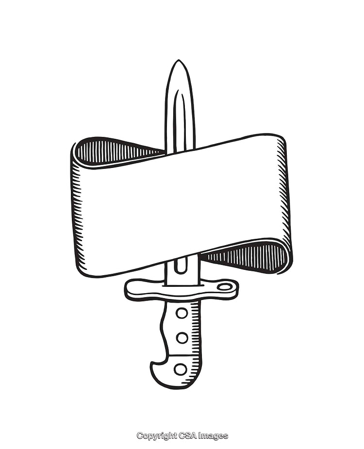 Hand-Drawn Knife With Ribbon in Black and White Line Art Style