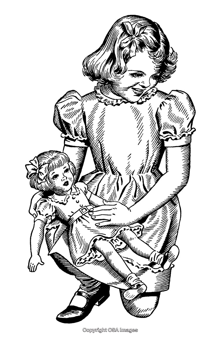 Vintage Illustration of Girl Playing with Doll in Black and White Style