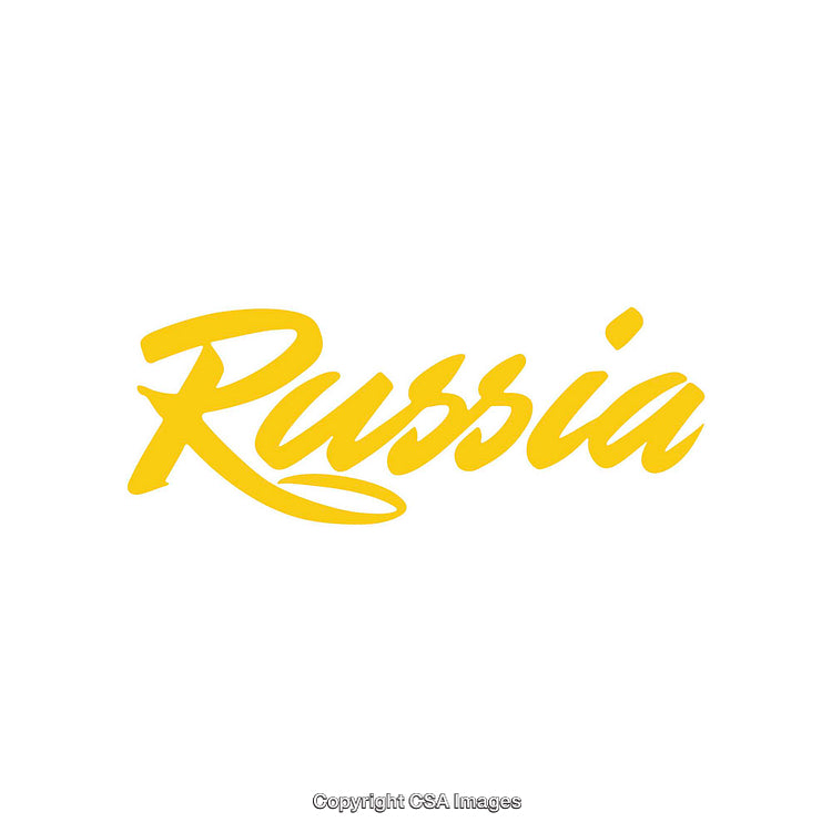 Stylized Yellow Script Text Depicting 'Russia' on White Background