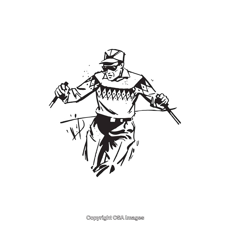 Black and White Line Art Illustration of a Man Holding Golf Clubs
