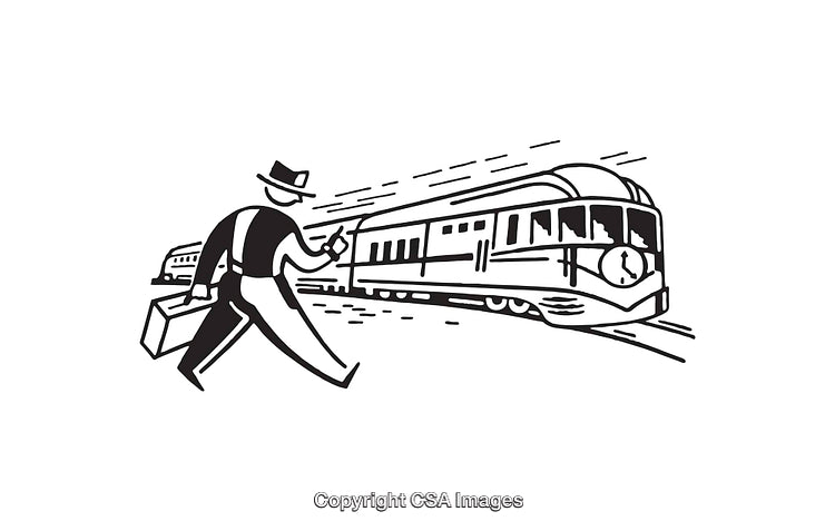 Vintage Black and White Line Art of Businessman Rushing for Train
