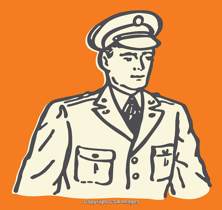 Vintage Line Art Illustration of a Uniformed Officer on Orange Background
