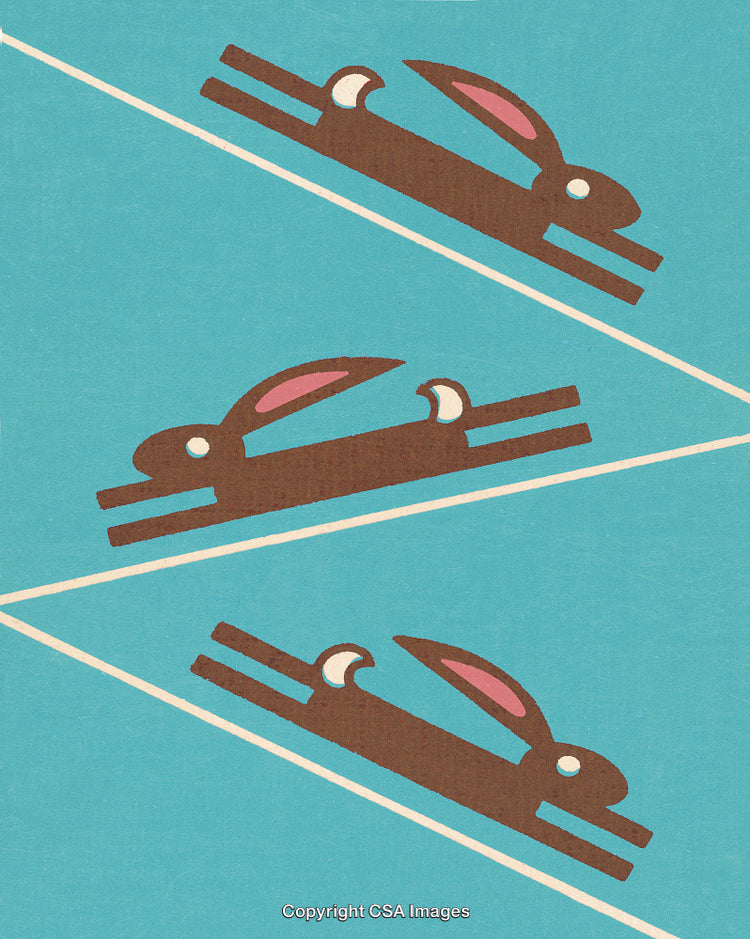 Abstract Graphic of Hopping Rabbits on a Blue Geometric Background