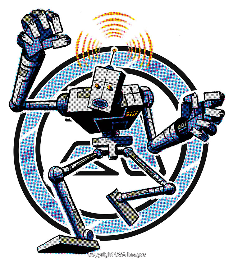Retro-Styled Robot Illustration with Dynamic Pose and Signal Icon