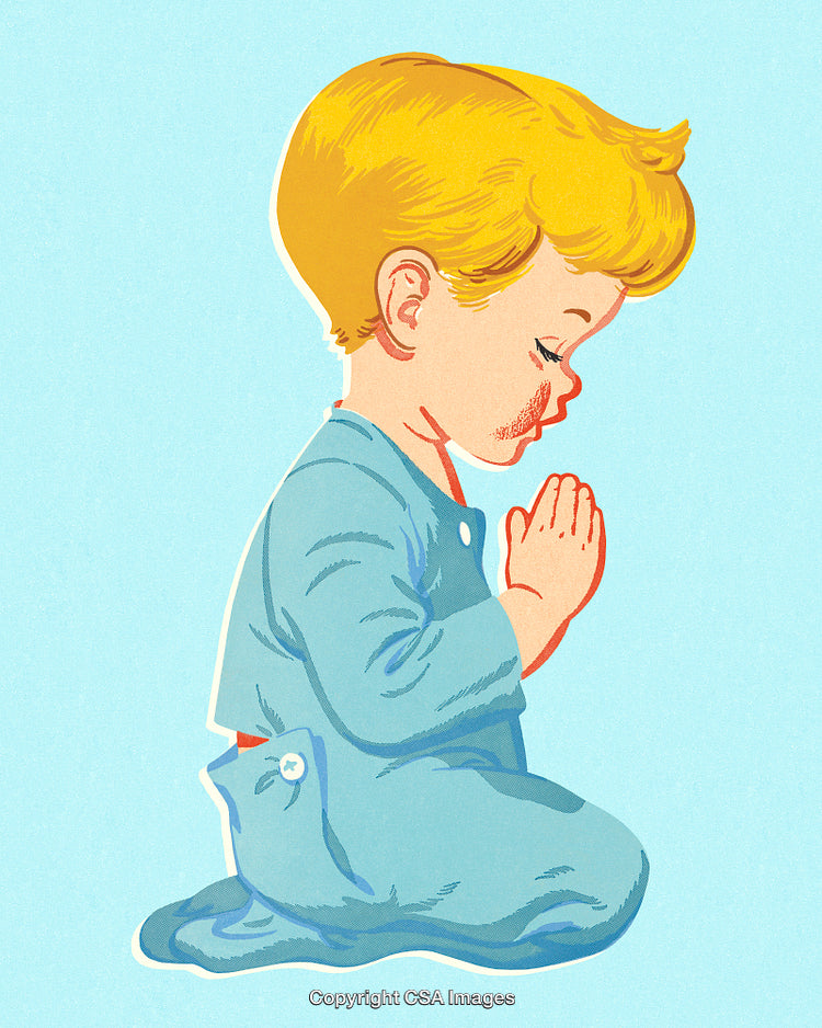 Vintage Illustration of a Child Kneeling and Praying in Blue Pajamas
