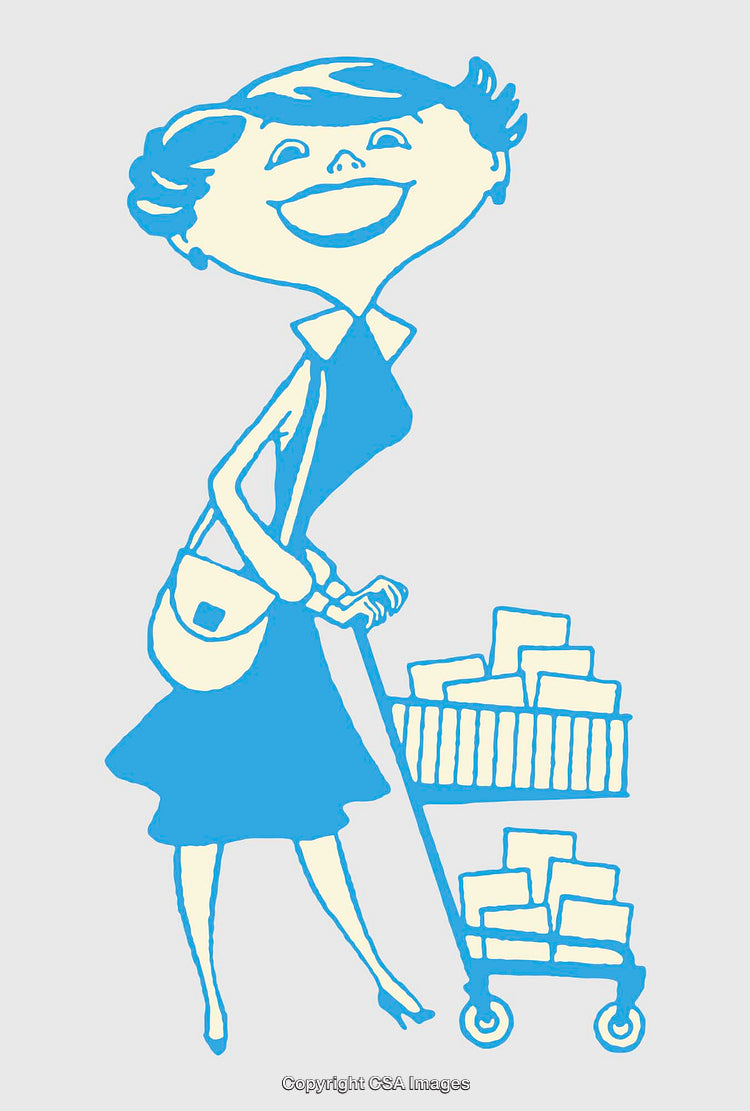 Retro Blue Artwork of a Cheerful Woman with a Shopping Cart
