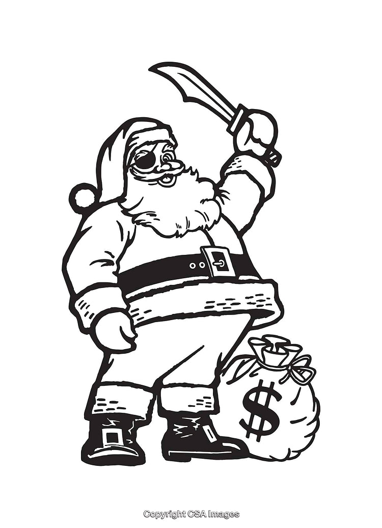 Pirate Santa Claus with Sword and Money Bag Line Art Illustration