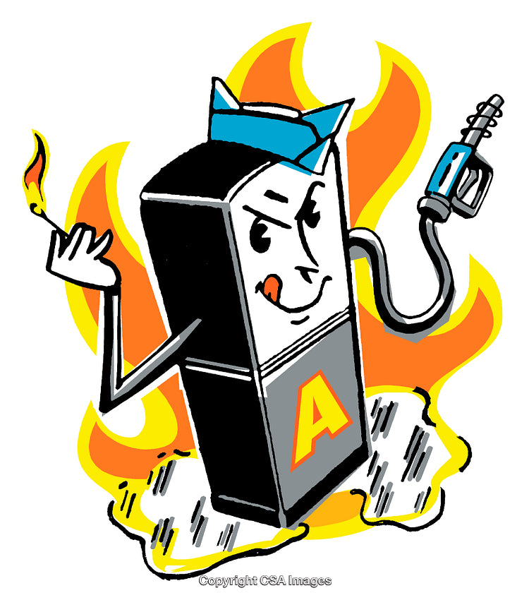 Illustrated Cartoon Gas Can Character Holding a Match and Gas Pump Nozzle