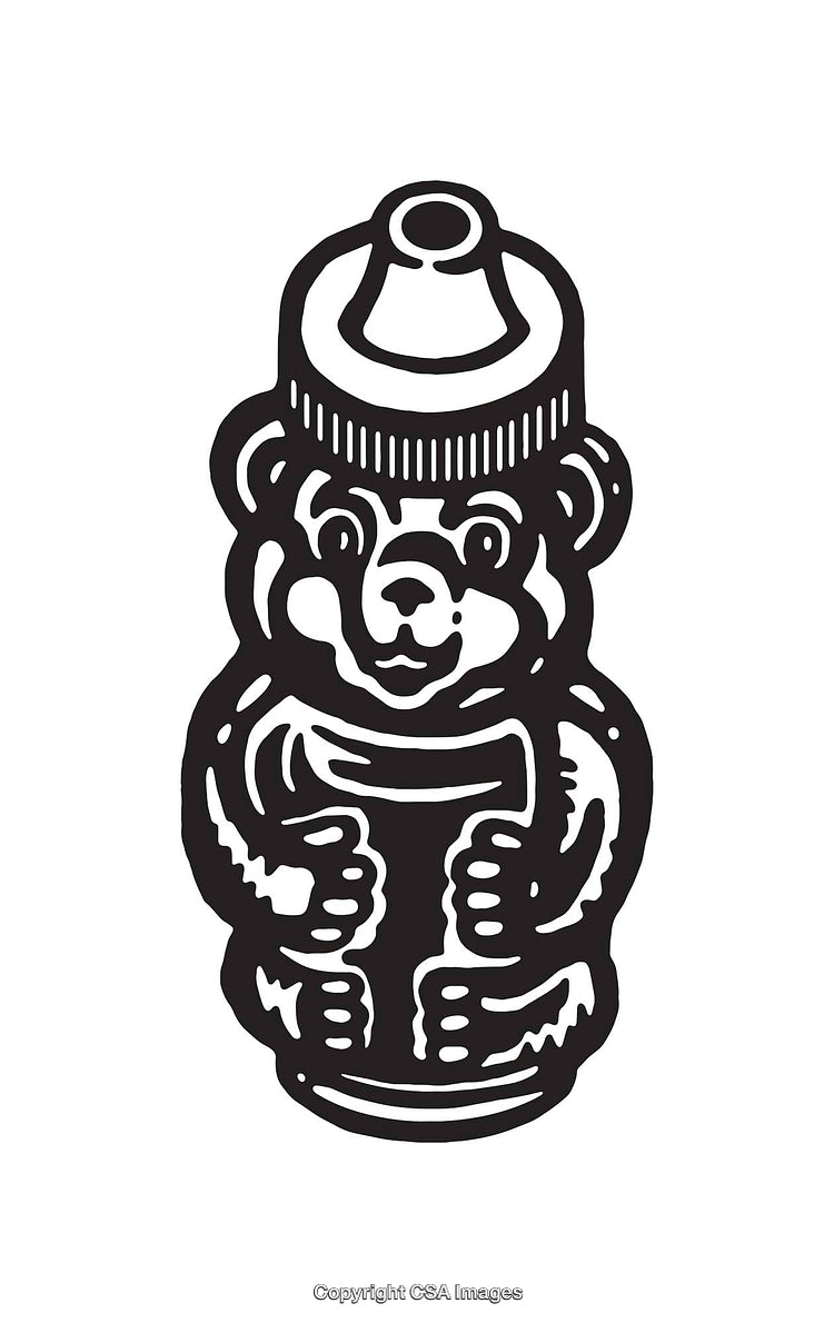Black and White Line Art of a Bear-Shaped Honey Bottle
