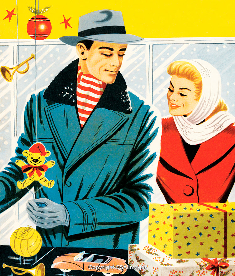 Vintage Illustration of Couple Shopping with Holiday Decorations and Gifts