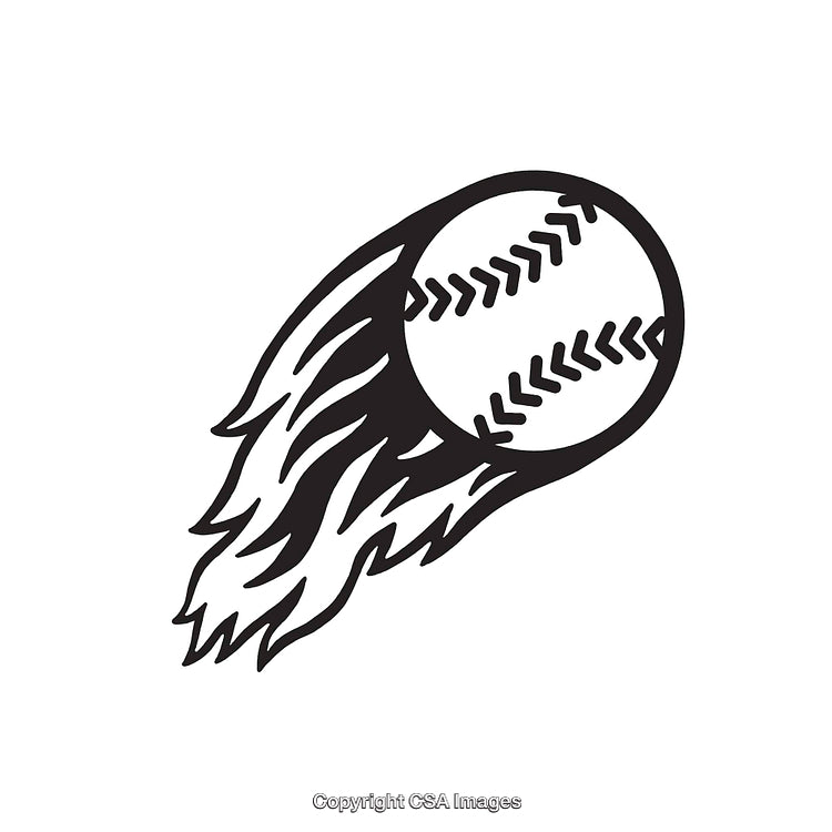 Black and White Line Art Design of a Baseball with Dynamic Flames