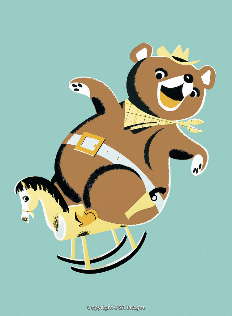 Cheerful Bear on a Rocking Horse with Cowboy Hat and Scarf