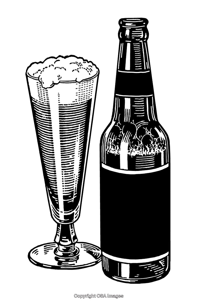 Black and White Beer Illustration with Glass and Bottle Pair