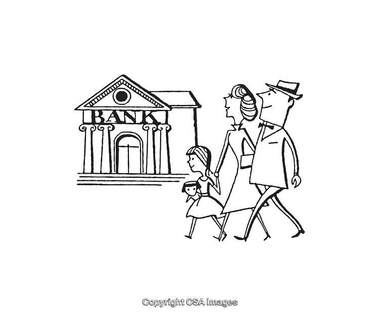 Illustration of a Family Visiting a Bank Building in Black and White