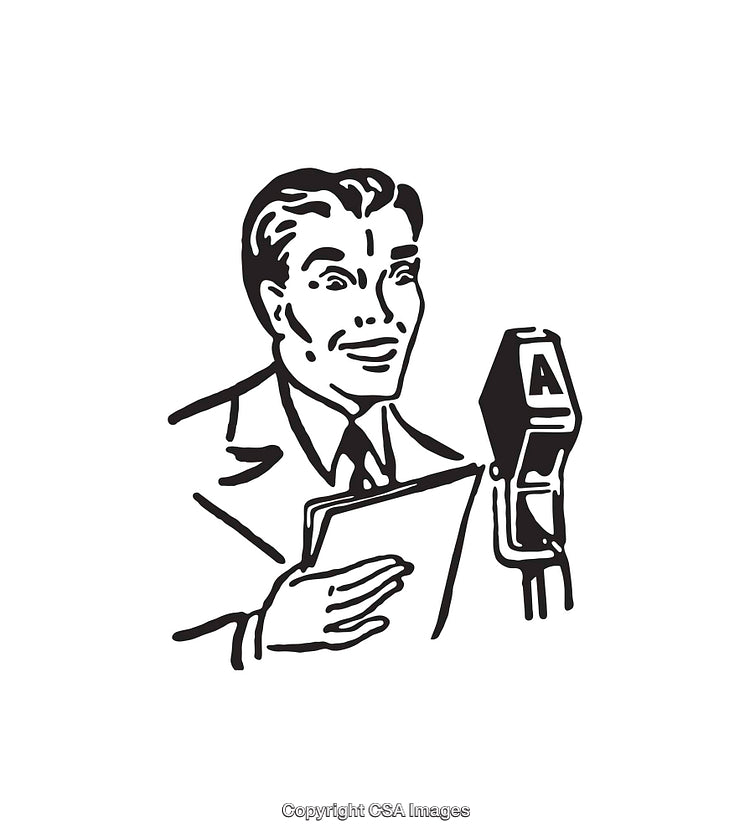 Retro Style Black And White Illustration of Male Speaker at Microphone