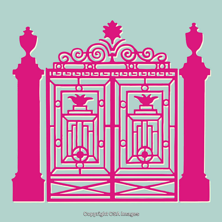 Decorative Ornate Gate in Vibrant Colors with Classic Column Details