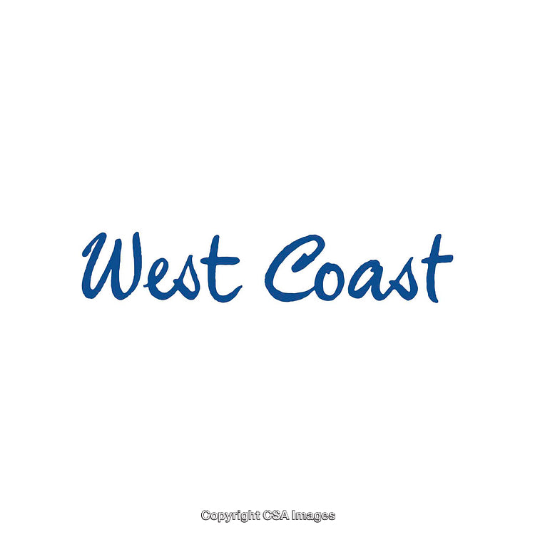 Stylish Handwritten Blue Script Text Depicting West Coast on White Background