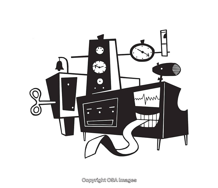 Retro Styled Black and White Line Art of a Mechanical Gadget