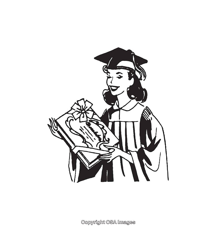 Black and White Illustration of a Graduate Holding a Diploma