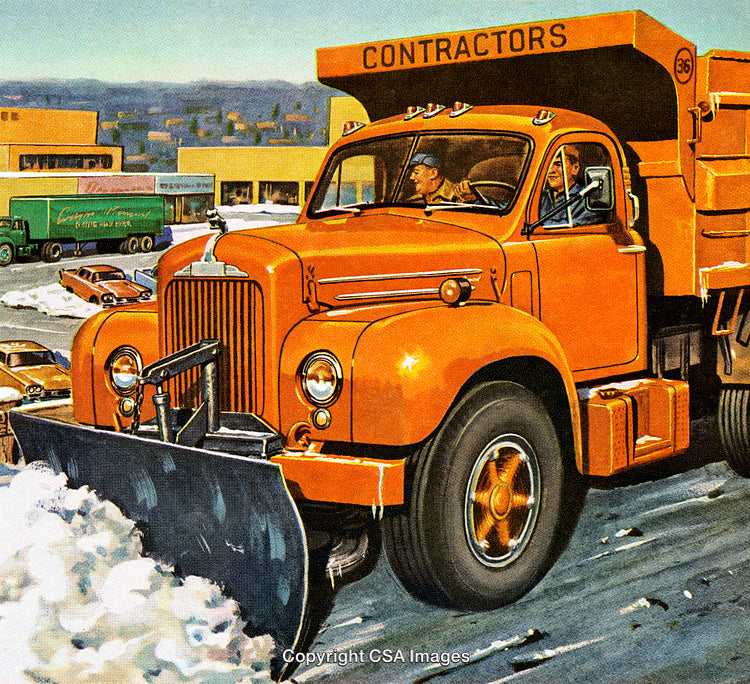 Bright Orange Snow Plow Truck Clearing Snow in an Urban Environment