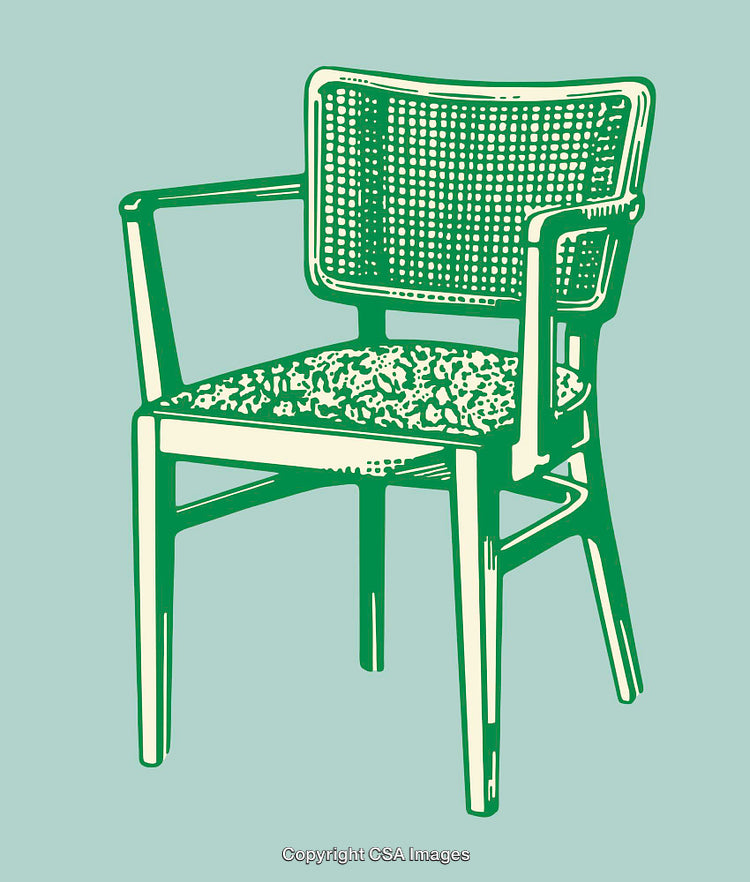 Green Line Art Illustration of a Classical Wooden Armchair on a Teal Background