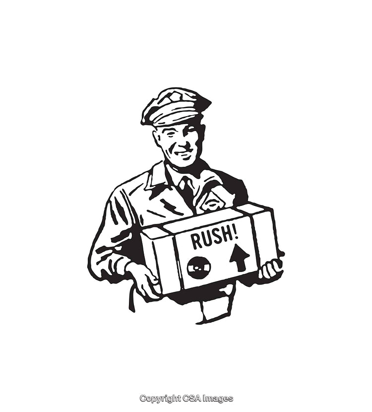 Retro Courier Holding Package With Rush Label in Black and White Line Art